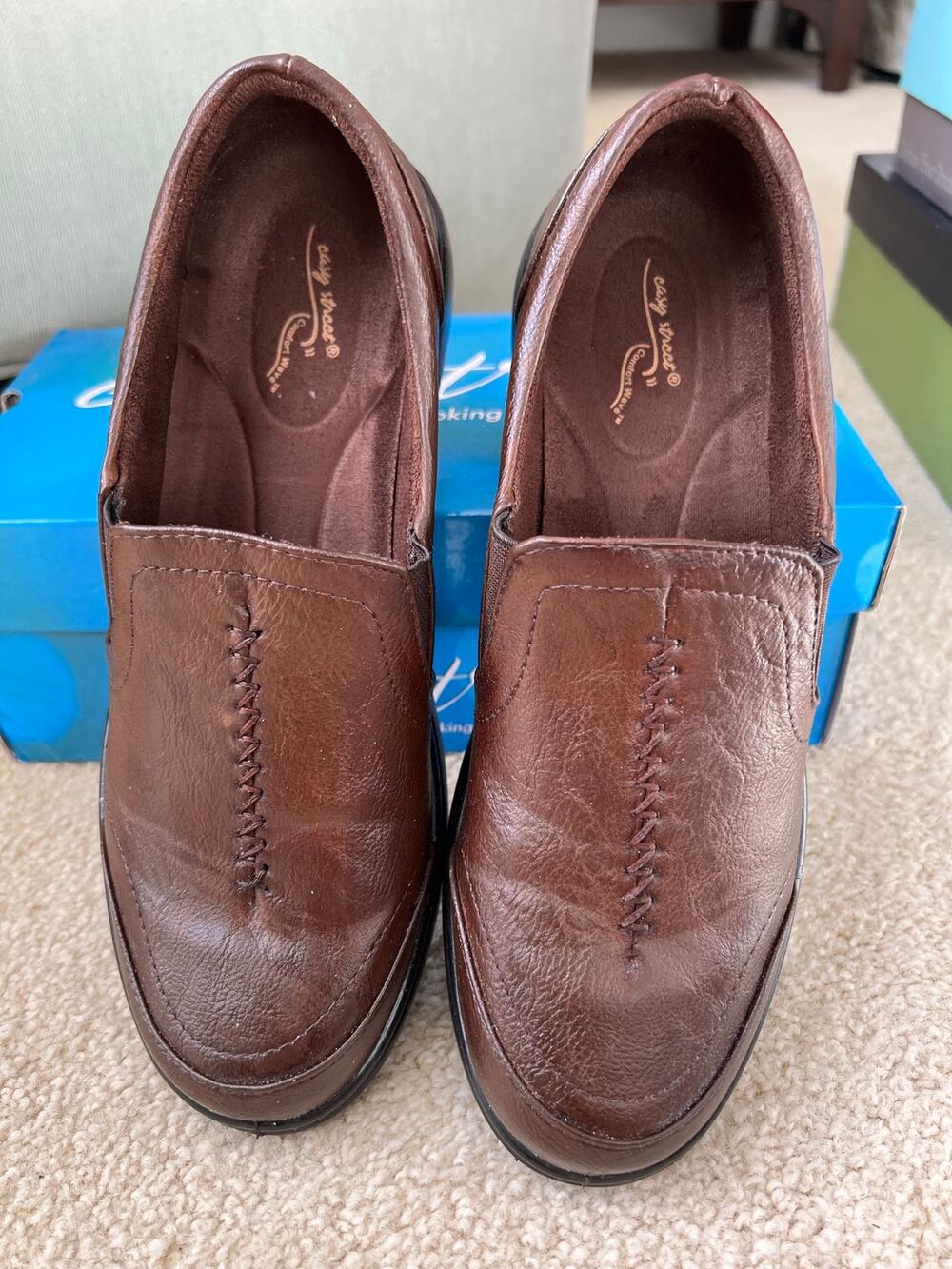 Easy Street Ultimate Brown Whipstitch Comfort Slip On Loafers Shoes Size 9 N